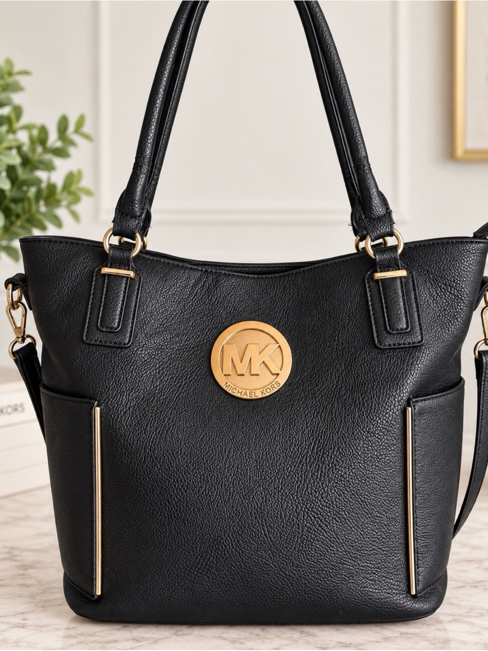 Michael Kors Black Pebbled Leather Tote Bag MK Logo Gold Hardware Shoulder Bag